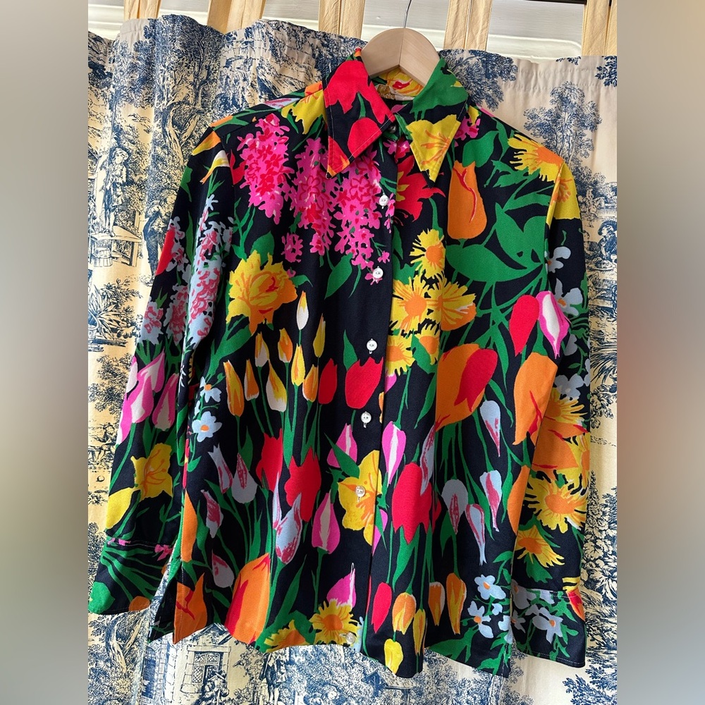 Vintage upcycled NEON Floral Multicolor on black button down